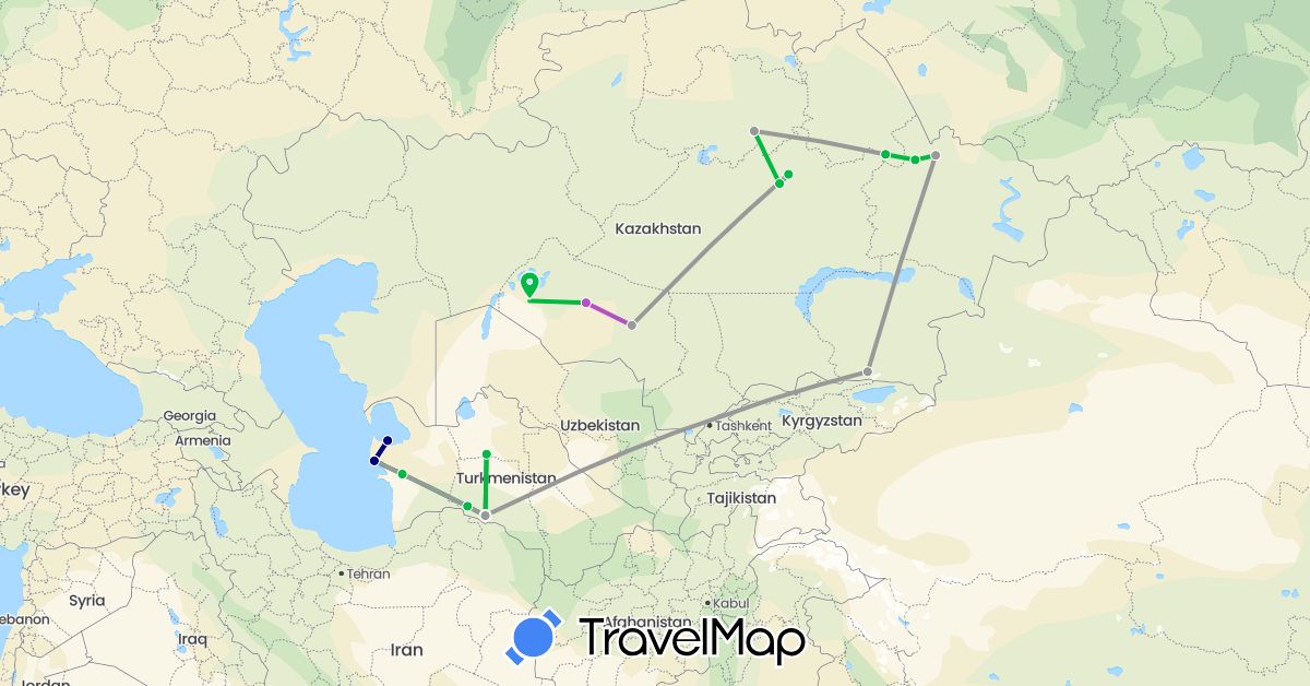 TravelMap itinerary: driving, bus, plane, train in Kazakhstan, Turkmenistan (Asia)